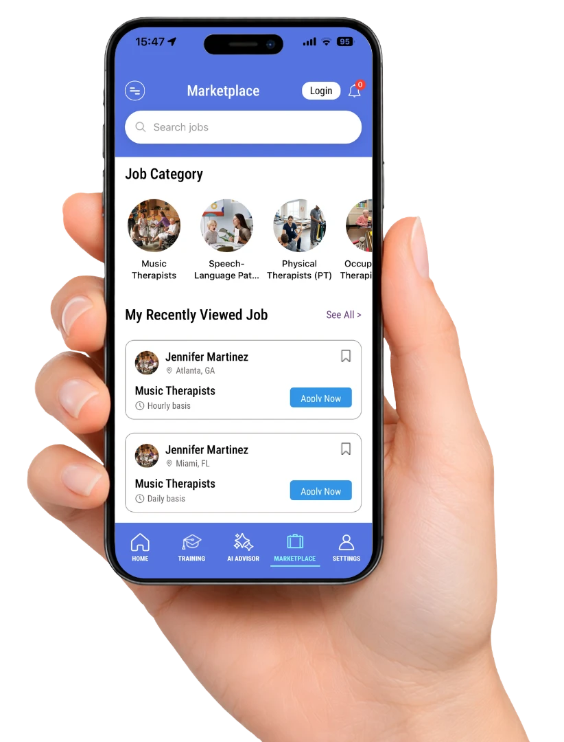 Hand holding a phone showing the Visionary Academy Marketplace app